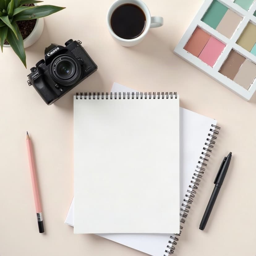 AI-generated image: overhead flat lay of a creator workspace