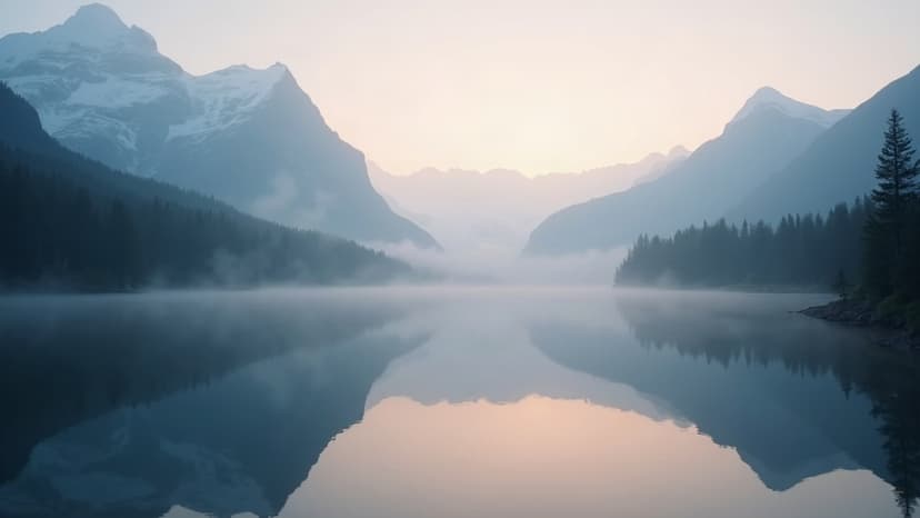 AI-generated image: a mountain lake at dawn