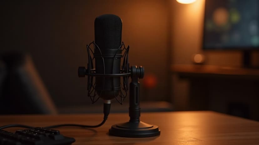 AI-generated image: a podcast microphone on a warm wooden desk