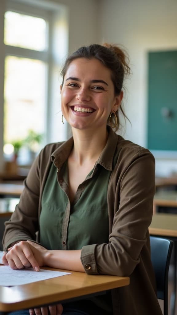 AI-generated image: portrait of a smiling teacher in a bright classroom